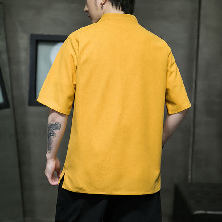Chemise à manches courtes pour homme avec broderie de libellule et de feuille à boutons de grenouille Buddha Stones