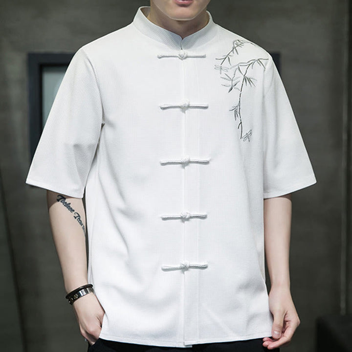 Chemise à manches courtes pour homme avec broderie de libellule et de feuille à boutons de grenouille Buddha Stones