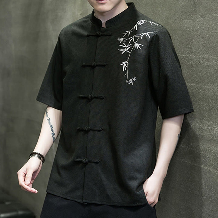Chemise à manches courtes pour homme avec broderie de libellule et de feuille à boutons de grenouille Buddha Stones