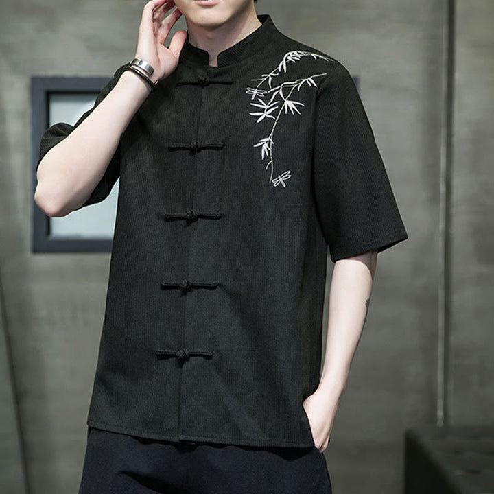 Chemise à manches courtes pour homme avec broderie de libellule et de feuille à boutons de grenouille Buddha Stones