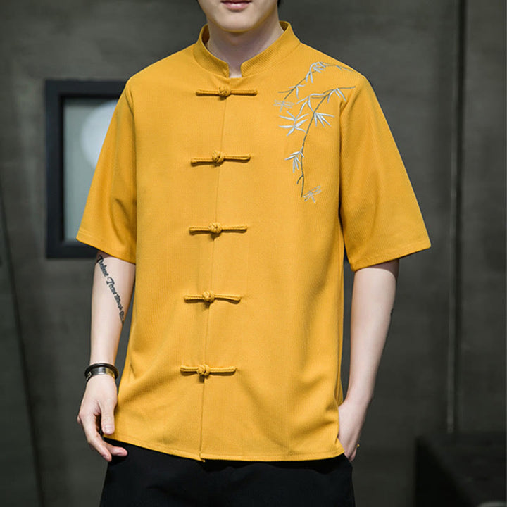 Chemise à manches courtes pour homme avec broderie de libellule et de feuille à boutons de grenouille Buddha Stones