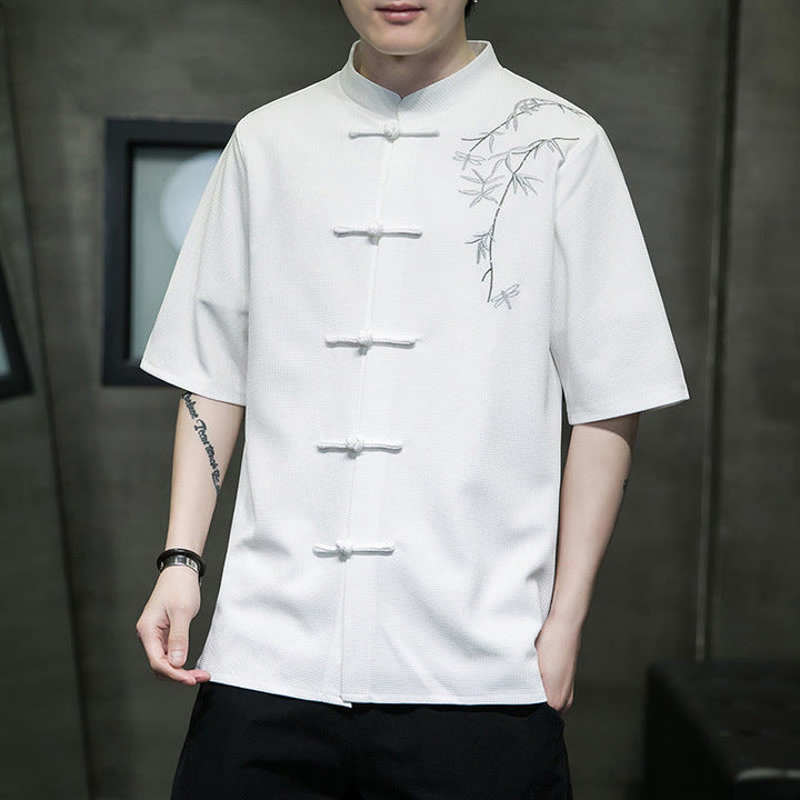 Chemise à manches courtes pour homme avec broderie de libellule et de feuille à boutons de grenouille Buddha Stones