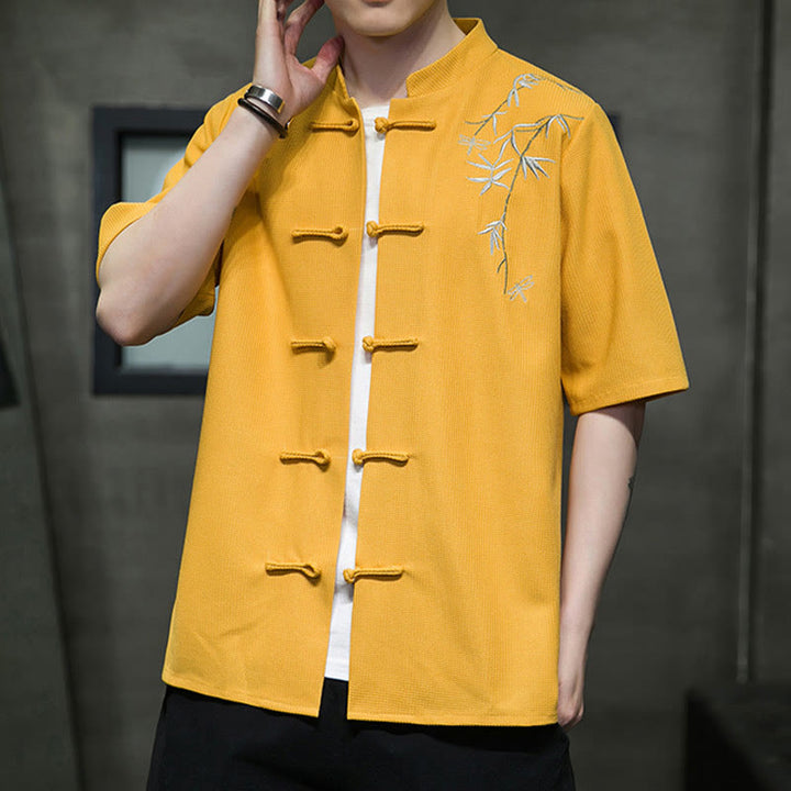 Chemise à manches courtes pour homme avec broderie de libellule et de feuille à boutons de grenouille Buddha Stones