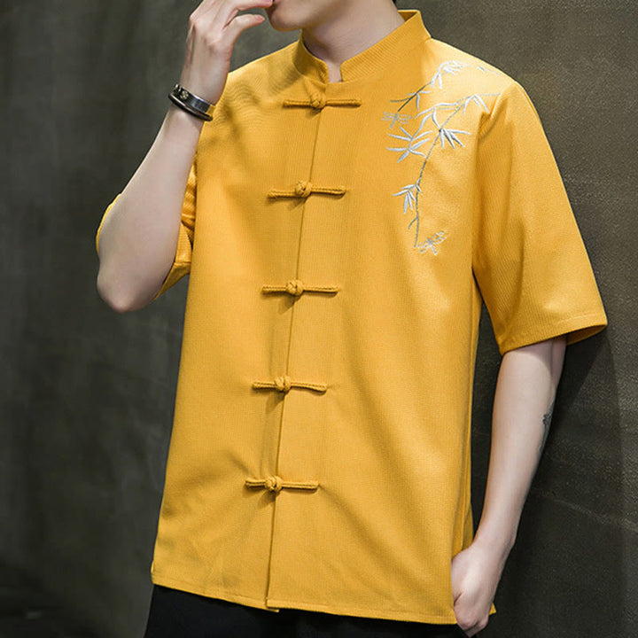 Chemise à manches courtes pour homme avec broderie de libellule et de feuille à boutons de grenouille Buddha Stones