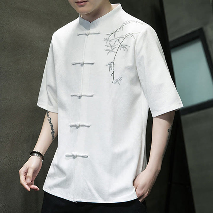 Chemise à manches courtes pour homme avec broderie de libellule et de feuille à boutons de grenouille Buddha Stones