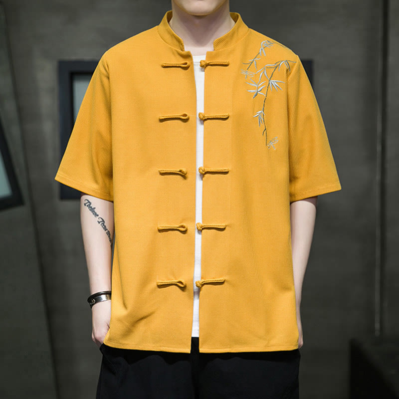 Chemise à manches courtes pour homme avec broderie de libellule et de feuille à boutons de grenouille Buddha Stones
