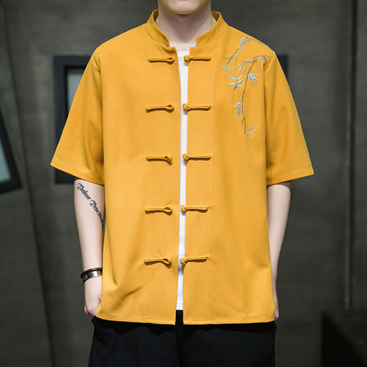 Chemise à manches courtes pour homme avec broderie de libellule et de feuille à boutons de grenouille Buddha Stones