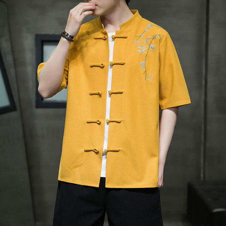 Chemise à manches courtes pour homme avec broderie de libellule et de feuille à boutons de grenouille Buddha Stones