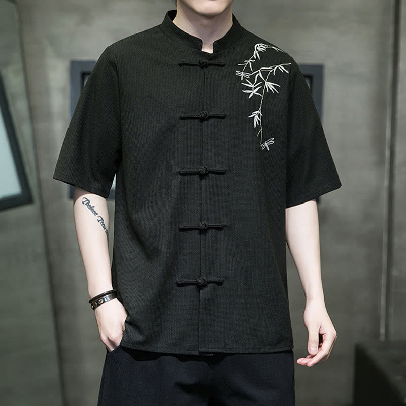 Chemise à manches courtes pour homme avec broderie de libellule et de feuille à boutons de grenouille Buddha Stones