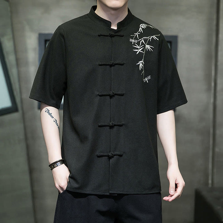 Chemise à manches courtes pour homme avec broderie de libellule et de feuille à boutons de grenouille Buddha Stones
