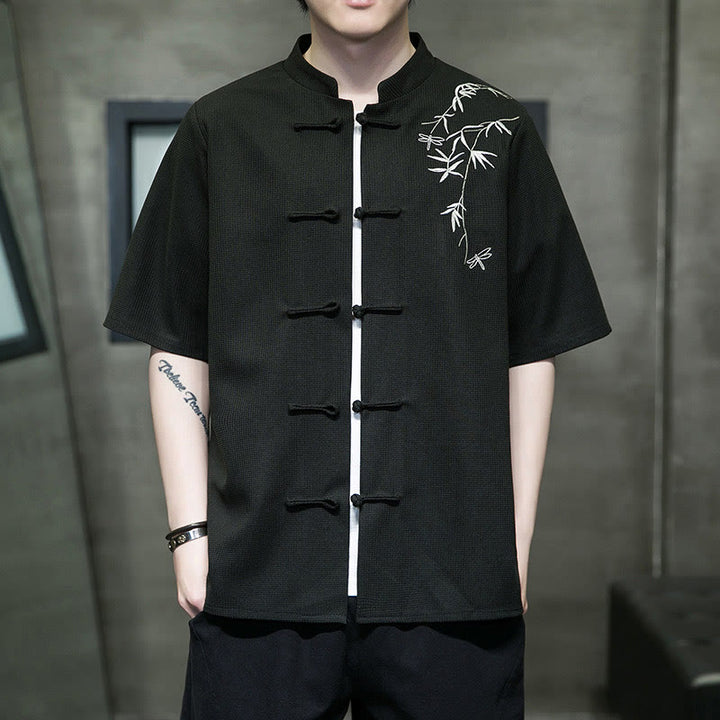 Chemise à manches courtes pour homme avec broderie de libellule et de feuille à boutons de grenouille Buddha Stones