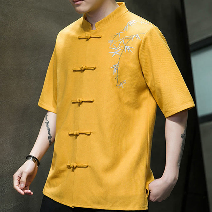 Chemise à manches courtes pour homme avec broderie de libellule et de feuille à boutons de grenouille Buddha Stones