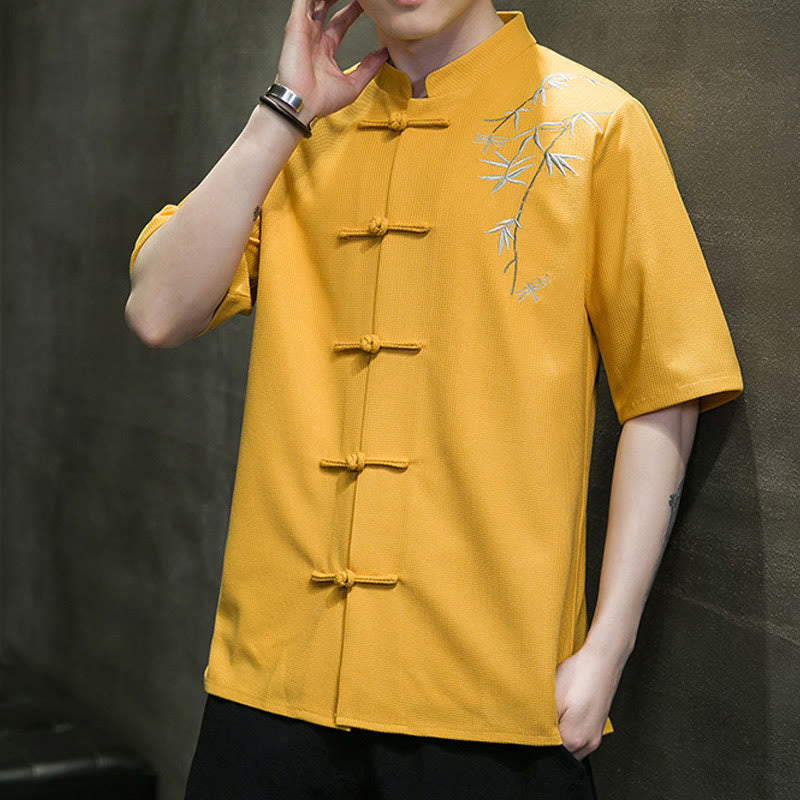 Chemise à manches courtes pour homme avec broderie de libellule et de feuille à boutons de grenouille Buddha Stones