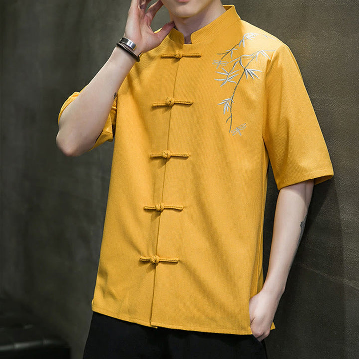 Chemise à manches courtes pour homme avec broderie de libellule et de feuille à boutons de grenouille Buddha Stones