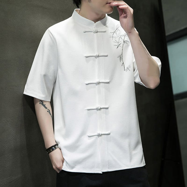 Chemise à manches courtes pour homme avec broderie de libellule et de feuille à boutons de grenouille Buddha Stones