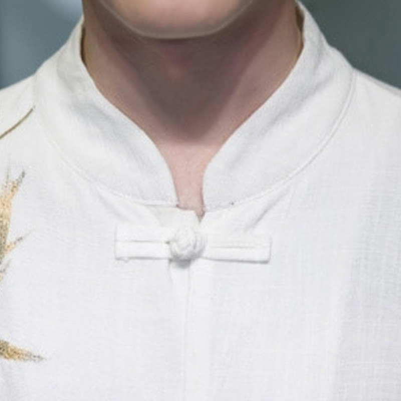 Costume Tang chinois à boutons de grenouille avec Buddha Stones, chemise à manches longues en feuilles de bambou, veste en coton et lin pour hommes - image 3