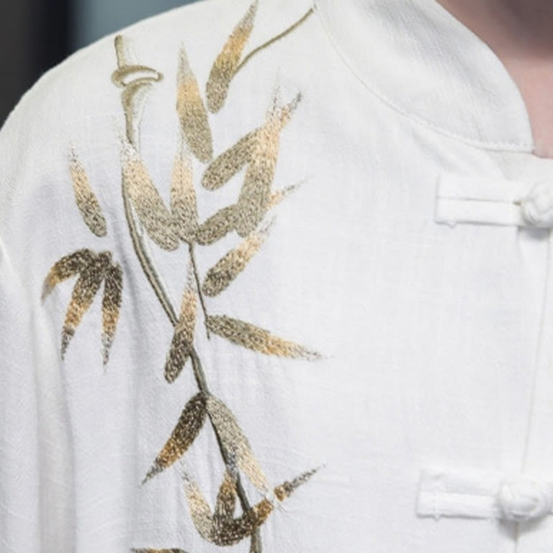 Costume Tang chinois à boutons de grenouille avec Buddha Stones, chemise à manches longues en feuilles de bambou, veste en coton et lin pour hommes - image 4