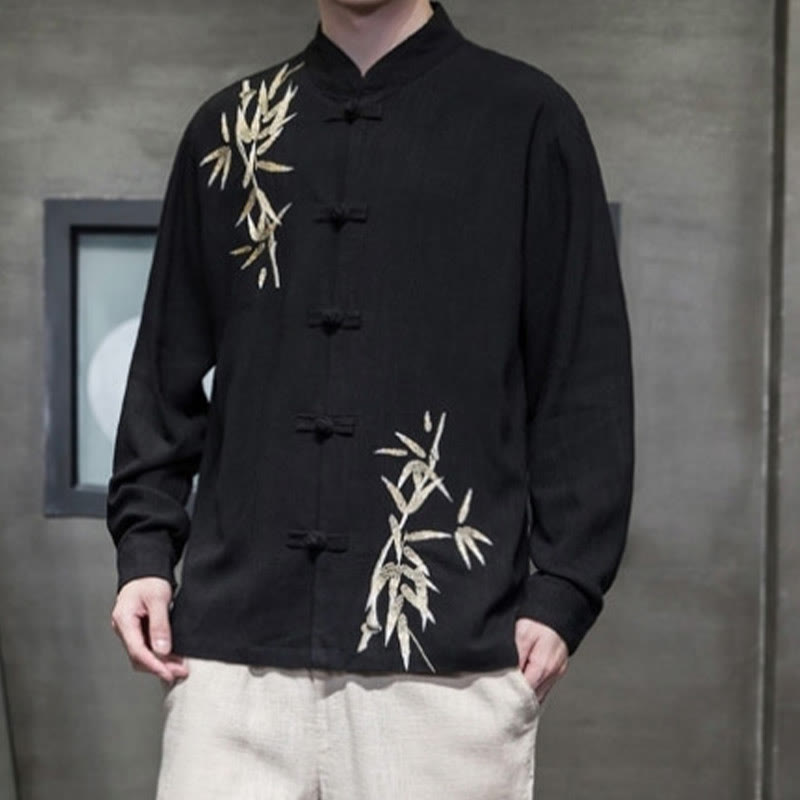 Costume Tang chinois à boutons de grenouille avec Buddha Stones, chemise à manches longues en feuilles de bambou, veste en coton et lin pour hommes - image 7