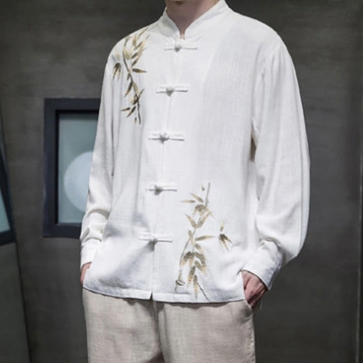 Costume Tang chinois à boutons de grenouille avec Buddha Stones, chemise à manches longues en feuilles de bambou, veste en coton et lin pour hommes - image 1