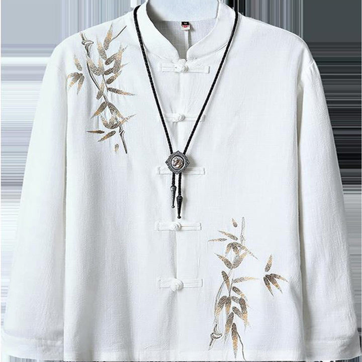 Costume Tang chinois à boutons de grenouille avec Buddha Stones, chemise à manches longues en feuilles de bambou, veste en coton et lin pour hommes - image 2