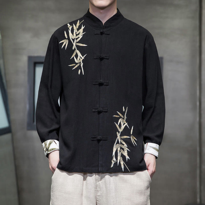 Costume Tang chinois à boutons de grenouille avec Buddha Stones, chemise à manches longues en feuilles de bambou, veste en coton et lin pour hommes - Noir - US/UK/AU46，EU56 (5XL)  - image 6