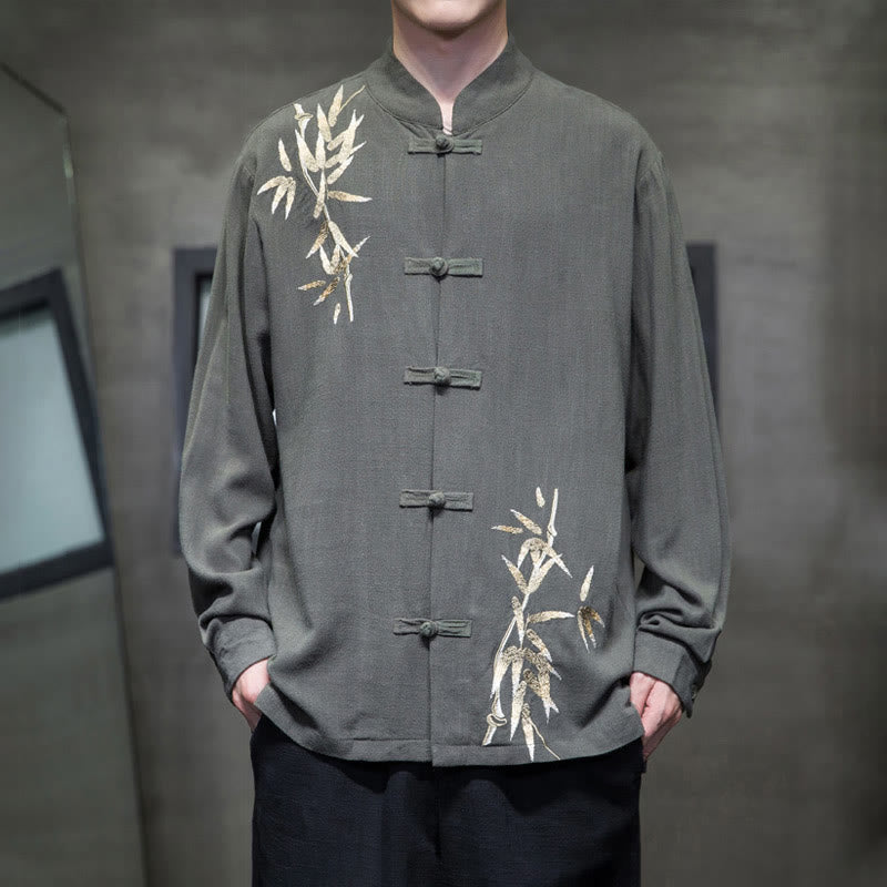 Costume Tang chinois à boutons de grenouille avec Buddha Stones, chemise à manches longues en feuilles de bambou, veste en coton et lin pour hommes - Vert foncé - US/UK/AU46，EU56 (5XL)  - image 9
