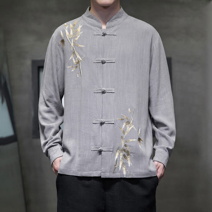 Costume Tang chinois à boutons de grenouille avec Buddha Stones, chemise à manches longues en feuilles de bambou, veste en coton et lin pour hommes - Gris clair - US/UK/AU46，EU56 (5XL)  - image 11