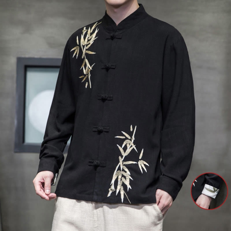 Costume Tang chinois à boutons de grenouille avec Buddha Stones, chemise à manches longues en feuilles de bambou, veste en coton et lin pour hommes - image 8