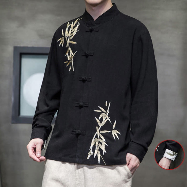 Costume Tang chinois à boutons de grenouille avec Buddha Stones, chemise à manches longues en feuilles de bambou, veste en coton et lin pour hommes - image 8