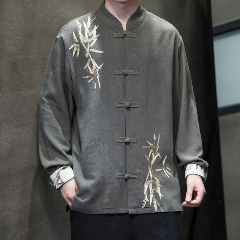 Costume Tang chinois à boutons de grenouille avec Buddha Stones, chemise à manches longues en feuilles de bambou, veste en coton et lin pour hommes - image 10