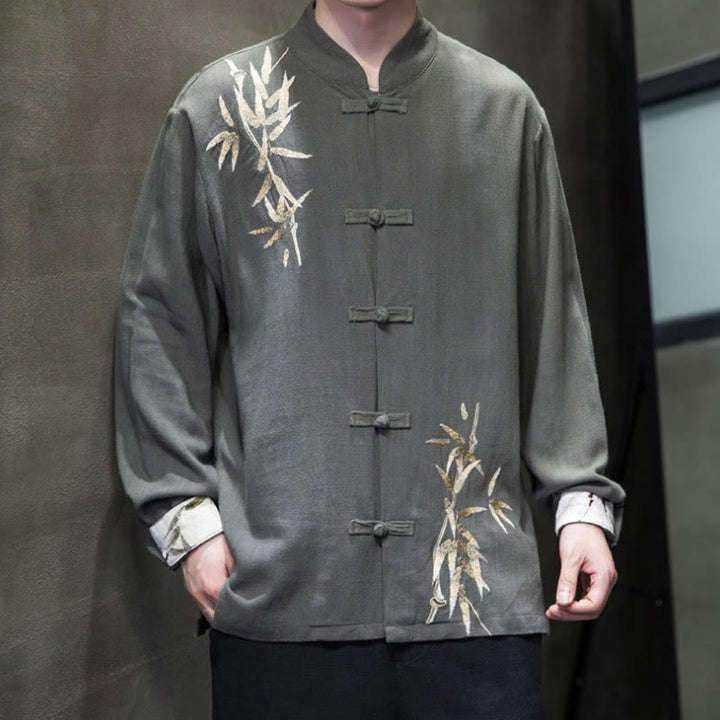 Costume Tang chinois à boutons de grenouille avec Buddha Stones, chemise à manches longues en feuilles de bambou, veste en coton et lin pour hommes - image 10
