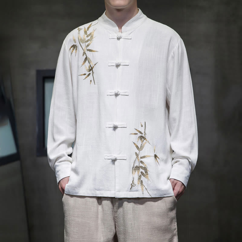 Costume Tang chinois à boutons de grenouille avec Buddha Stones, chemise à manches longues en feuilles de bambou, veste en coton et lin pour hommes - Blanc - US/UK/AU46，EU56 (5XL)  - image 0