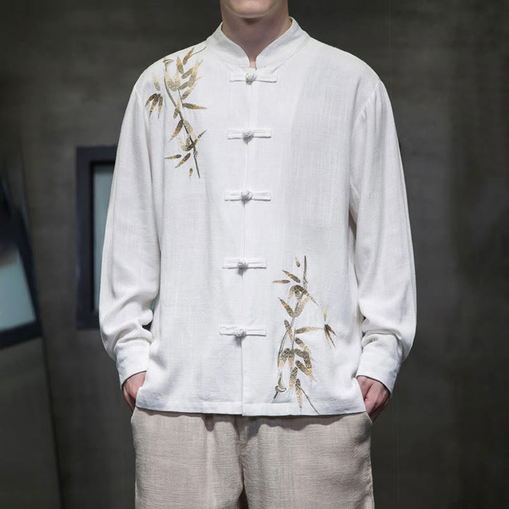 Costume Tang chinois à boutons de grenouille avec Buddha Stones, chemise à manches longues en feuilles de bambou, veste en coton et lin pour hommes - Blanc - US/UK/AU46，EU56 (5XL)  - image 0