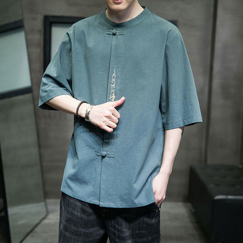 Chemise en coton à manches courtes pour homme avec broderie de boutons de grenouille et Buddha Stones - image 7