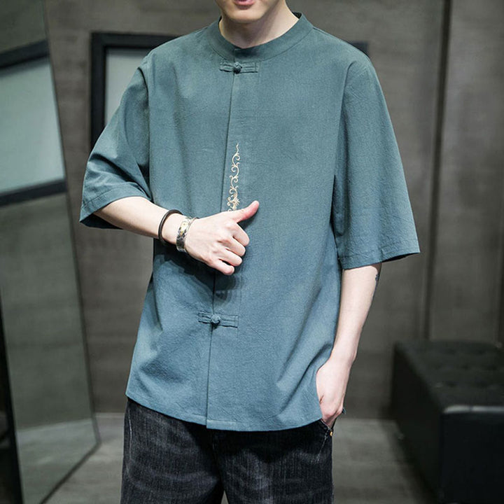 Chemise en coton à manches courtes pour homme avec broderie de boutons de grenouille et Buddha Stones - image 7