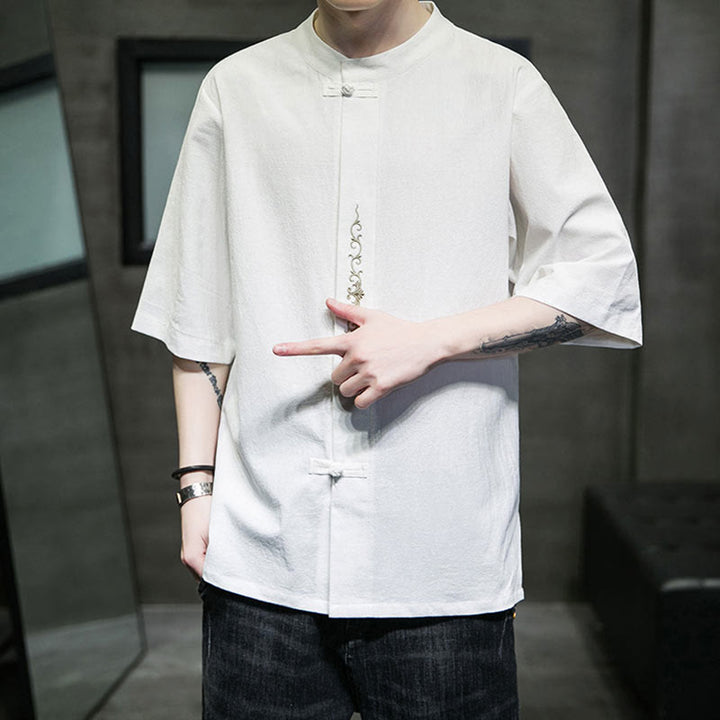 Chemise en coton à manches courtes pour homme avec broderie de boutons de grenouille et Buddha Stones - image 26