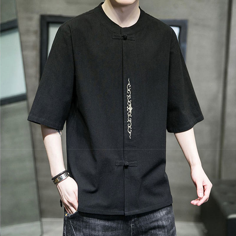 Chemise en coton à manches courtes pour homme avec broderie de boutons de grenouille et Buddha Stones - image 15