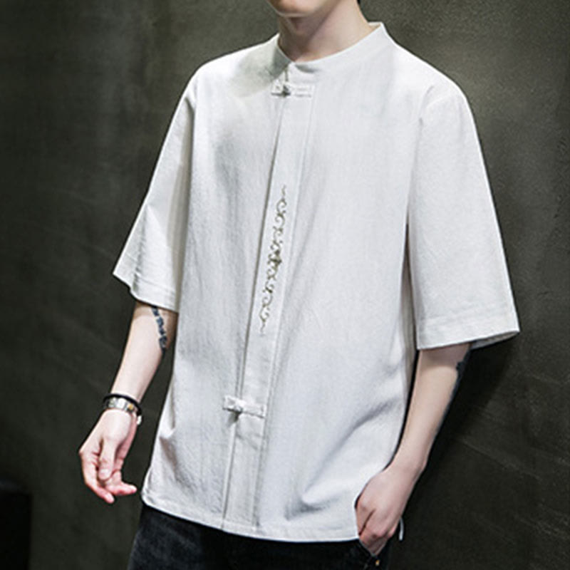 Chemise en coton à manches courtes pour homme avec broderie de boutons de grenouille et Buddha Stones - image 20