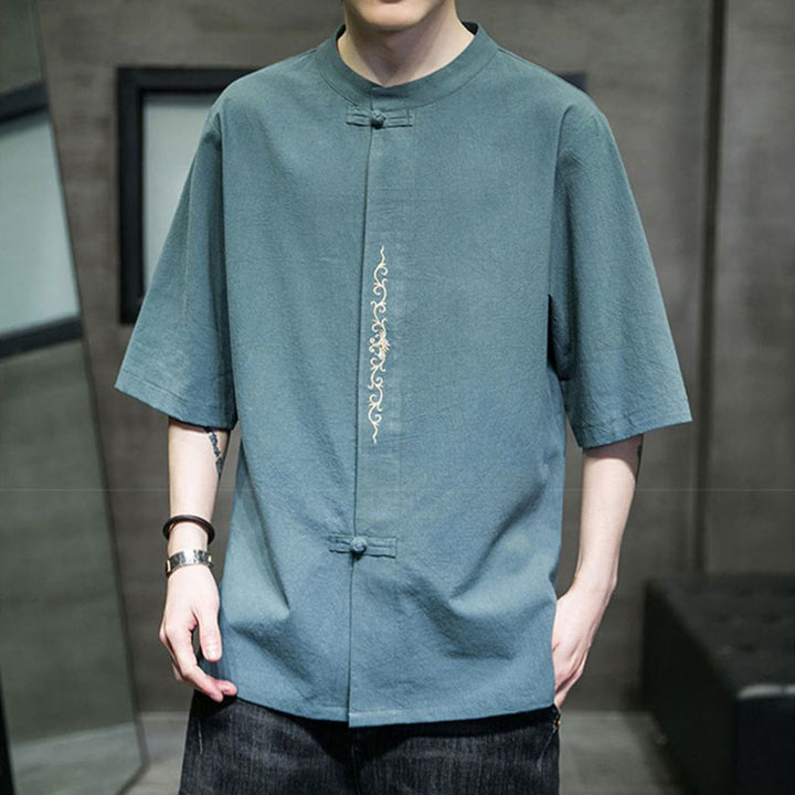 Chemise en coton à manches courtes pour homme avec broderie de boutons de grenouille et Buddha Stones - image 6