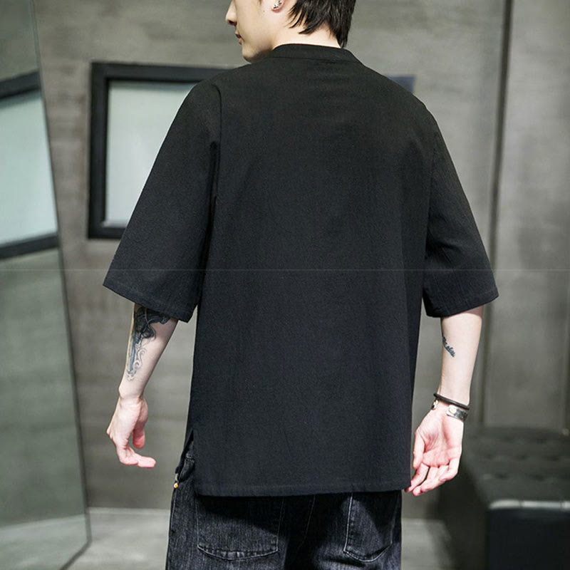 Chemise en coton à manches courtes pour homme avec broderie de boutons de grenouille et Buddha Stones - image 9