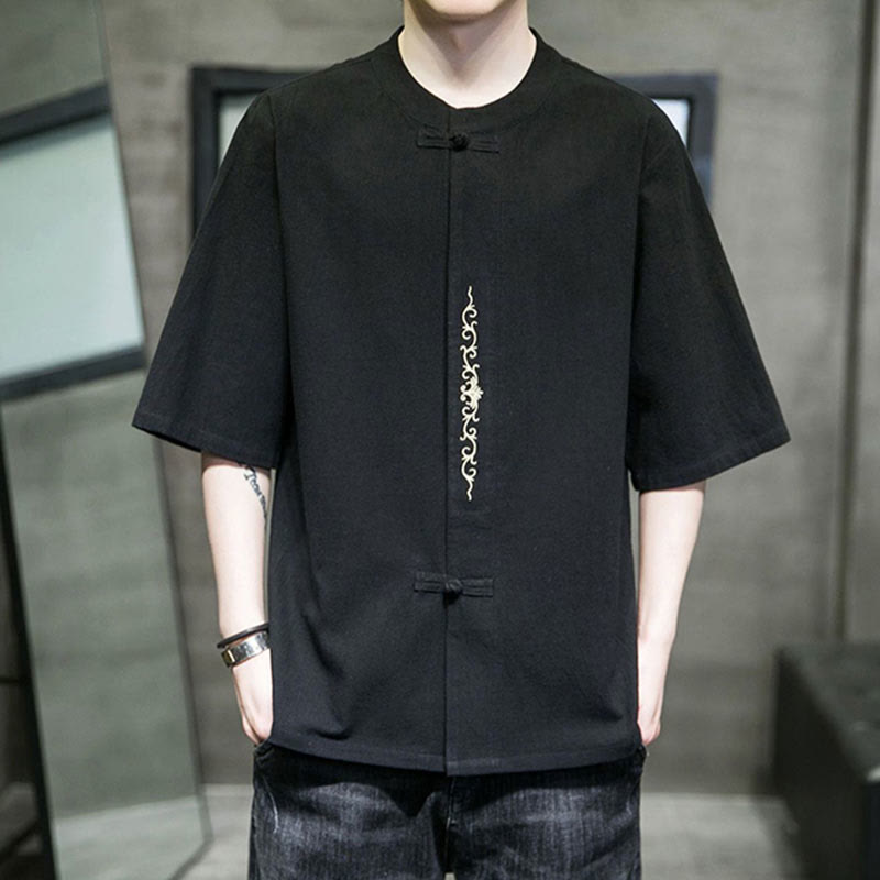 Chemise en coton à manches courtes pour homme avec broderie de boutons de grenouille et Buddha Stones - Noir - US/UK/AU46，EU56 (5XL) - image 8