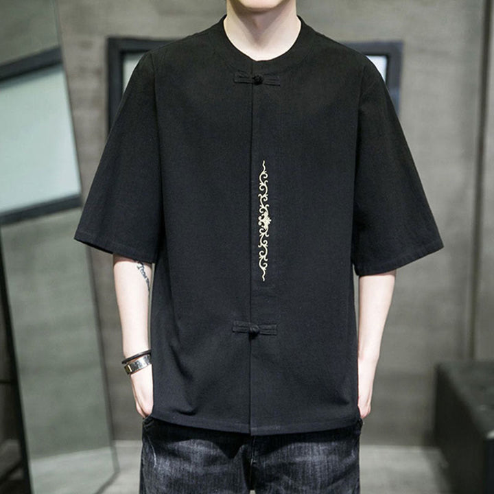 Chemise en coton à manches courtes pour homme avec broderie de boutons de grenouille et Buddha Stones - Noir - US/UK/AU46，EU56 (5XL) - image 8