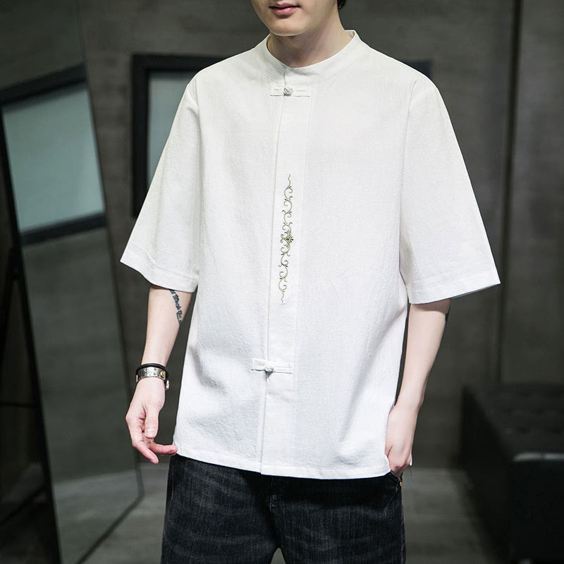 Chemise en coton à manches courtes pour homme avec broderie de boutons de grenouille et Buddha Stones - image 25