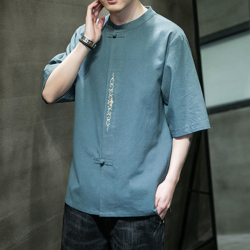 Chemise en coton à manches courtes pour homme avec broderie de boutons de grenouille et Buddha Stones - image 4