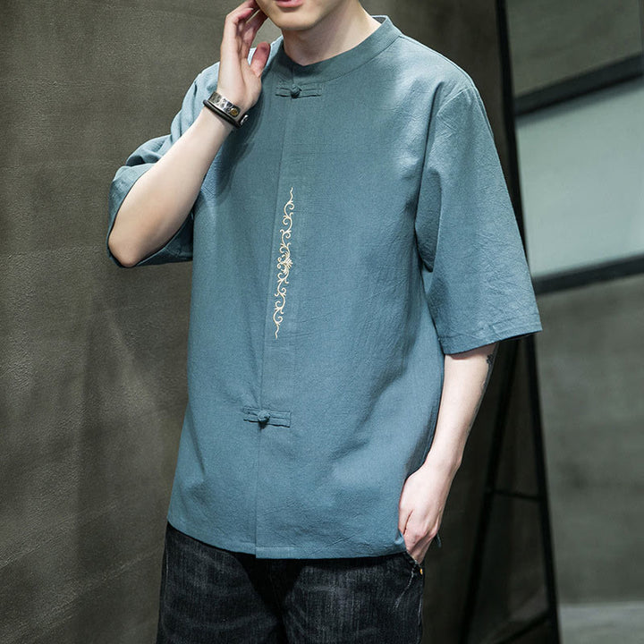 Chemise en coton à manches courtes pour homme avec broderie de boutons de grenouille et Buddha Stones - image 4