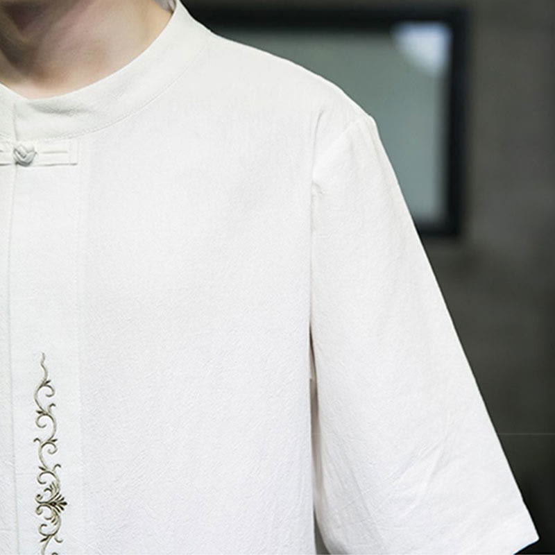 Chemise en coton à manches courtes pour homme avec broderie de boutons de grenouille et Buddha Stones - image 22