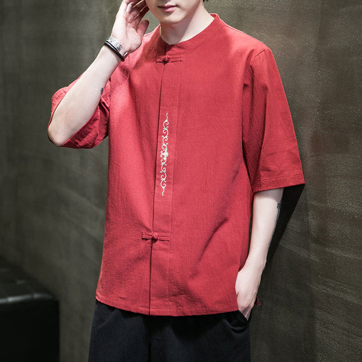 Chemise en coton à manches courtes pour homme avec broderie de boutons de grenouille et Buddha Stones - Tomate - US/UK/AU46，EU56 (5XL) - image 27