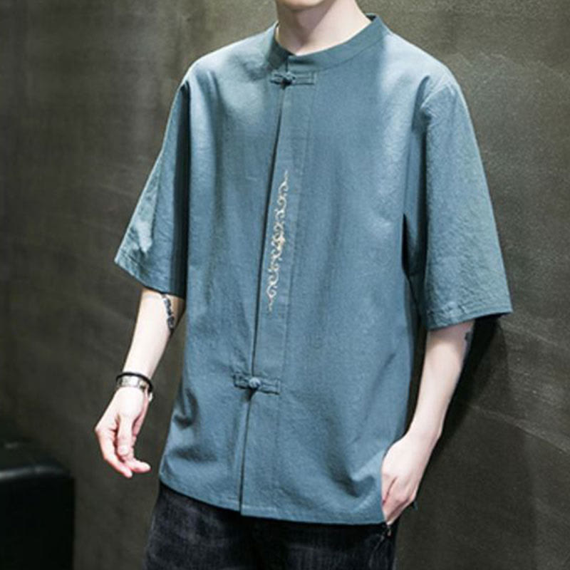 Chemise en coton à manches courtes pour homme avec broderie de boutons de grenouille et Buddha Stones - image 2