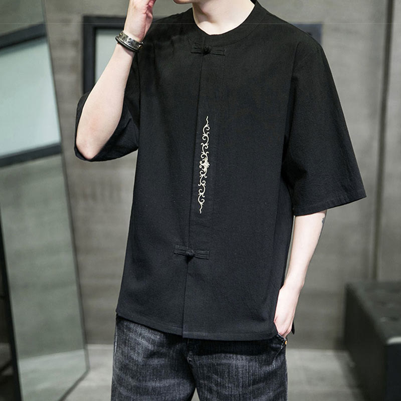 Chemise en coton à manches courtes pour homme avec broderie de boutons de grenouille et Buddha Stones - image 12