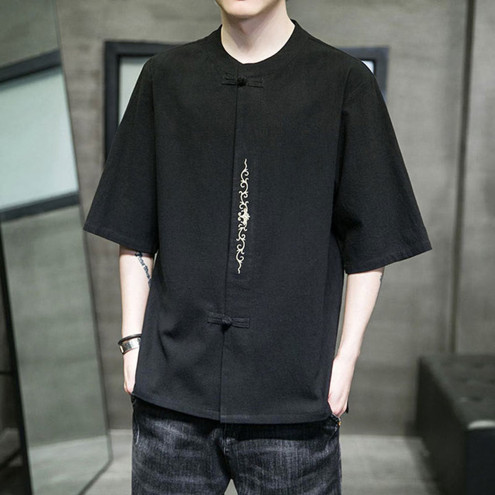 Chemise en coton à manches courtes pour homme avec broderie de boutons de grenouille et Buddha Stones - image 16